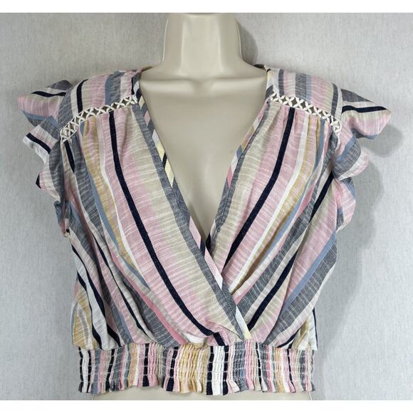 Angie Boho Crop Top Blouse Womens Size Large Pink Black Yellow Stripe V-Neck NWT - Picture 1 of 9